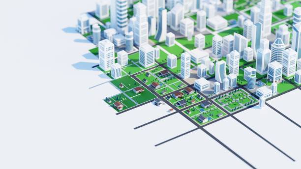 Clean, modern city with parks and green spaces. Digital 3D rendering. Clean, modern city with parks and green spaces. Digital 3D rendering. tilt shift stock pictures, royalty-free photos & images
