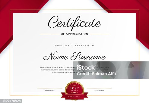 istock Luxury certificate of appreciation template with red and gold color, multipurpose certificate border with badge design. Elegant red and gold diploma certificate template 1399470424