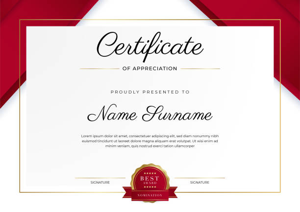 Luxury certificate of appreciation template with red and gold color, multipurpose certificate border with badge design. Elegant red and gold diploma certificate template Luxury certificate of appreciation template with red and gold color, multipurpose certificate border with badge design. Elegant red and gold diploma certificate template certificates and diplomas stock illustrations