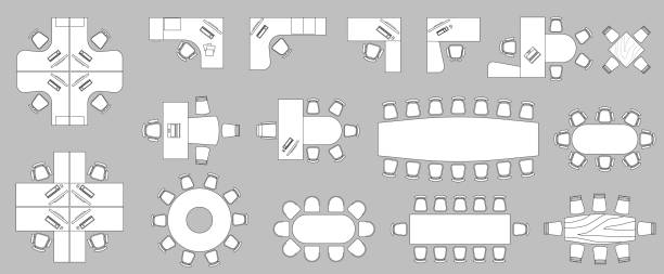 ilustraciones, imágenes clip art, dibujos animados e iconos de stock de elementos de mobiliario de oficina vista superior conjunto vectorial. kit para plano de oficina, casa, apartamento, espacio de trabajo. colección de iconos de interiores. mesa, silla, sofá, planta. símbolo para el diseño de interiores, proyecto - hotel reception symbol chair domestic room