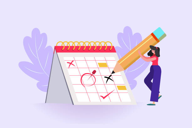 ilustraciones, imágenes clip art, dibujos animados e iconos de stock de recordatorios de calendario - deadline urgency calendar women