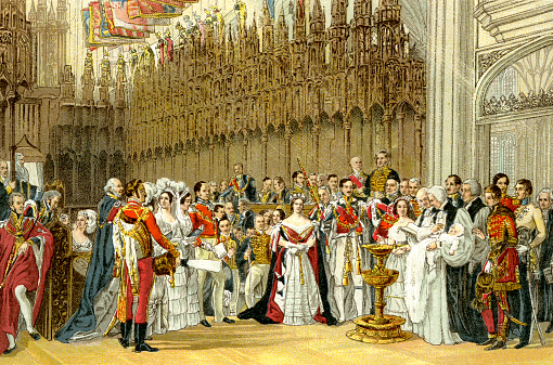 Baptism Ceremony: Queen Victoria, Prince Albert.. Vintage engraving circa late 19th century. Digital restoration by Pictore.