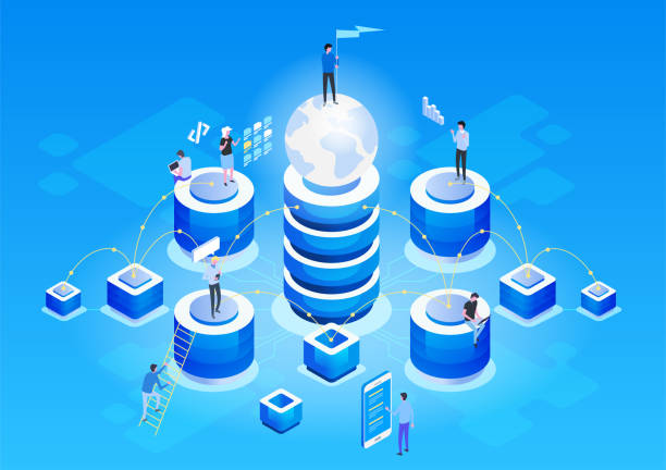 Concept of data network management .Vector isometric Concept of data network management .Vector isometric map with business networking servers, computers and devices. digital repository stock illustrations