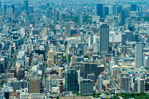 View from top of the Yokohama Landmark Tower, height 296.3 mt, of the city of Yokohama, the capital city and the most populous city in Kanagawa Prefecture, with a 2020 population of 3.8 million. It lies on Tokyo Bay, and is a commercial hub of the Greater Tokyo Area.