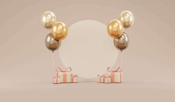 istock 3D rendering concept of balloon and present box luxury beige color theme with space for advertising on backgroundfor commercial design. Gift and Balloon. 3D render cartoon illustration. 1399490238