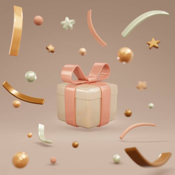 istock 3D rendering concept of a present box and luxury beige color geometric confetti elements inside for commercial design. 3D render cartoon illustration. 1399490355