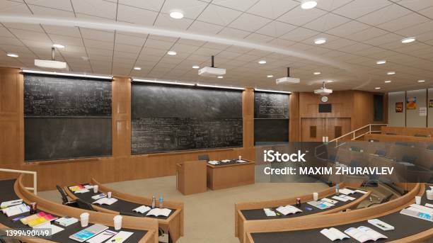 Empty Classroom University Or Collage Back To School 3d Illustration Stock Photo - Download Image Now