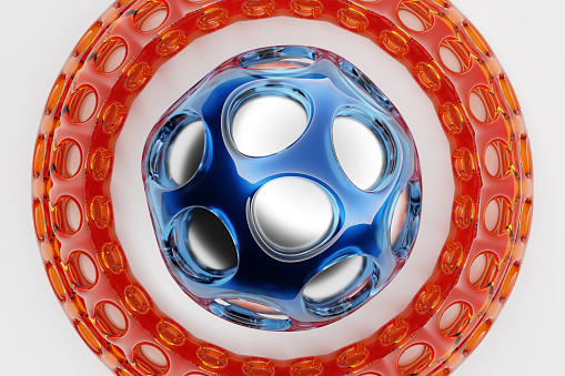 3D rendering. Blue ball with holes. Close-up of a geometric figure of a ball on a white background