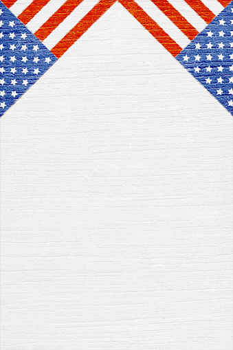 Painted USA flag on a vertical vector wooden wall. Apt for use as wallpapers, posters, backdrops, banners, greeting cards templates or patriotic t shirt designs for US Independence Day, 4th of July, Memorial Day, Veteran's day or Labor Day. There is No people and no text and ample copy space.