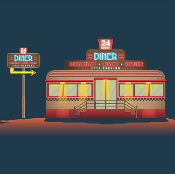 illustrations, cliparts, dessins animés et icônes de « namerican diner, illustration classique du restaurant la nuit - route 66 retro revival american culture sign