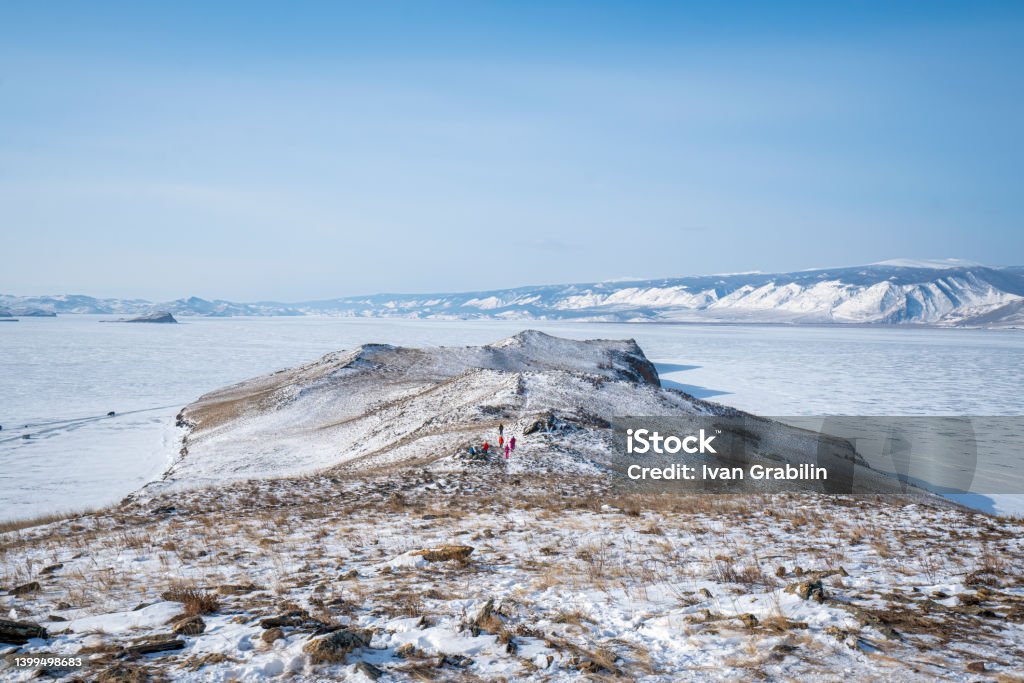 Panoramic view of Ogoy Island, the largest island in the Maloe More strait of Lake Baikal, Russia Baikal is home to thousands of species of plants and animals, many of them endemic to the region. It is also home to Buryat tribes, who raise goats, camels, cattle, sheep, and horses Buddhism Stock Photo
