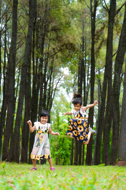 niños felices jugando en la hierba verde en el jardín de primavera. dos hermanitas corren en un prado en un parque de verano. - leaf vegetable salad child spring fotografías e imágenes de stock