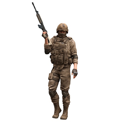3D illustration soldier with a machine gun isolated white background