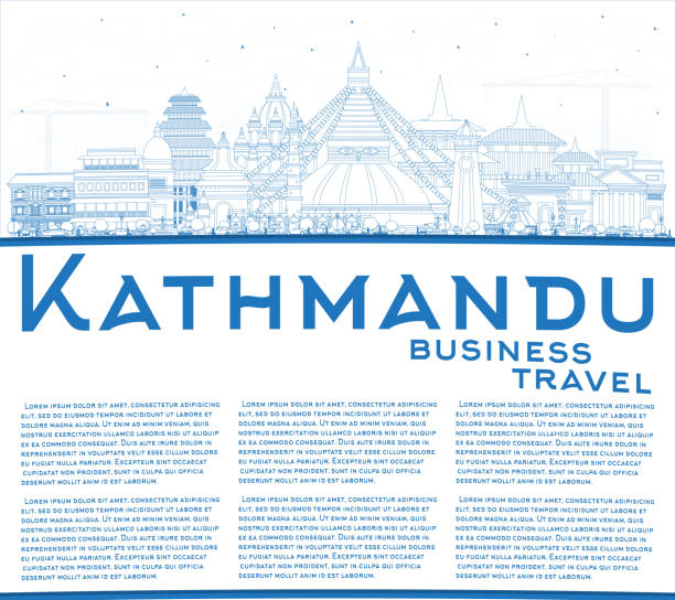 illustrations, cliparts, dessins animés et icônes de contour de l’horizon de la ville de katmandou au népal avec des bâtiments bleus et un espace de copie. - bodnath stupa