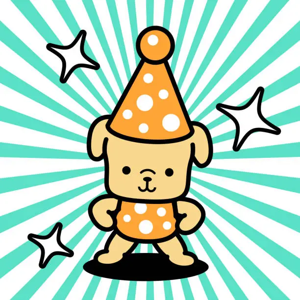 Vector illustration of A cute dog wearing a party hat is standing with hands on the hip