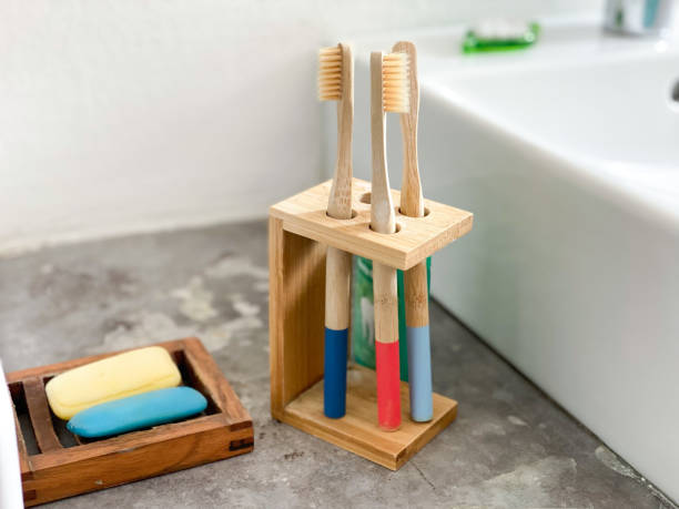 istock Clean and tidy bathroom corner with wooden toothbrushes 1399502036