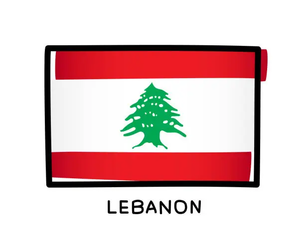 Vector illustration of Flag of Lebanon. Colorful Lebanese flag logo. Red and white brush strokes, hand drawn. Black outline. Vector illustration