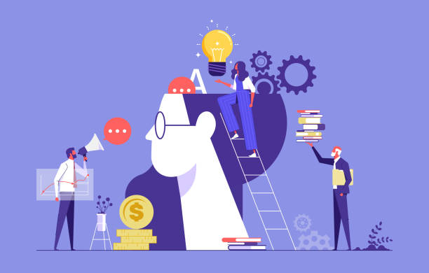 Concept of up skill and learning Woman and man characters putting light bulb, books and gear into human head to improve work skills. Concept of up skill, learning new skills to improve job. Flat cartoon vector illustration motivation stock illustrations