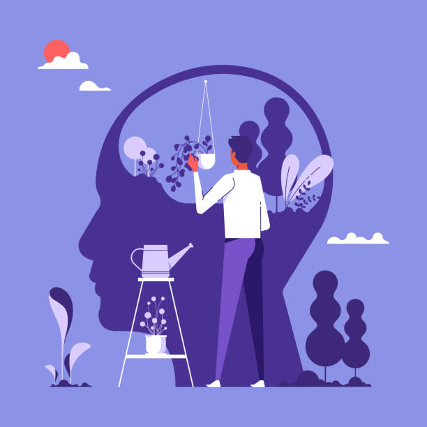 Psychotherapy And Mentality Healthcare concept Man and beautiful flower garden inside head isolated flat vector illustration, cartoon characters healing mind and soul for happy lifestyle, psychotherapy And Mentality Healthcare concept mental wellbeing stock illustrations