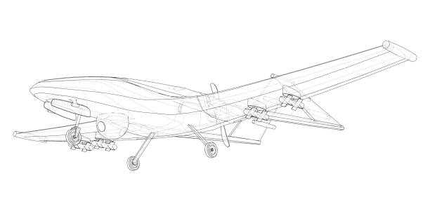 Military Predator Drone. Vector Military Predator Drone in wire-frame style. Vector rendering of 3d. The layers of visible and invisible lines are separated Missile stock illustrations