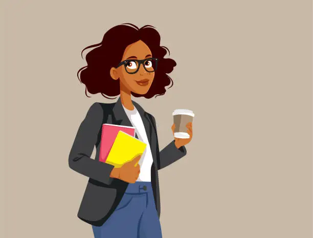 Vector illustration of Businesswoman Holding Books and a Coffee Vector Character