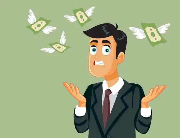 Vector illustration of Stressed Man Looking How his Money Fly Vector Cartoon