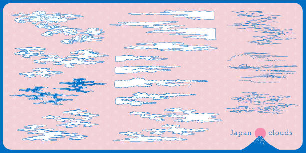 ilustrações, clipart, desenhos animados e ícones de ukiyo-e touch conjunto de design de nuvens flutuantes - cultura japonesa