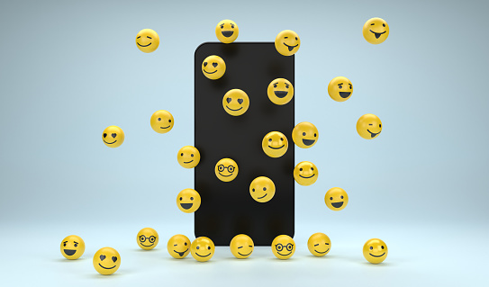 Mobile Phone and Social Media Smiley Face icons. Connection and marketing concept.