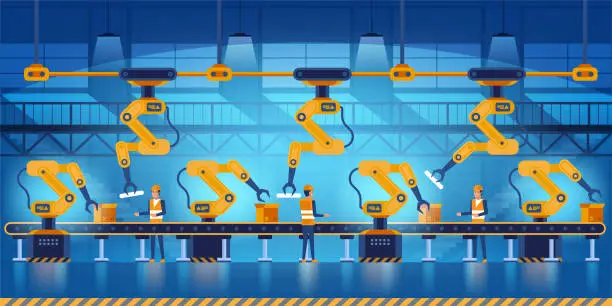 Vector illustration of Efficient smart factory with workers, robots and assembly line, industry 4.0 and technology concept