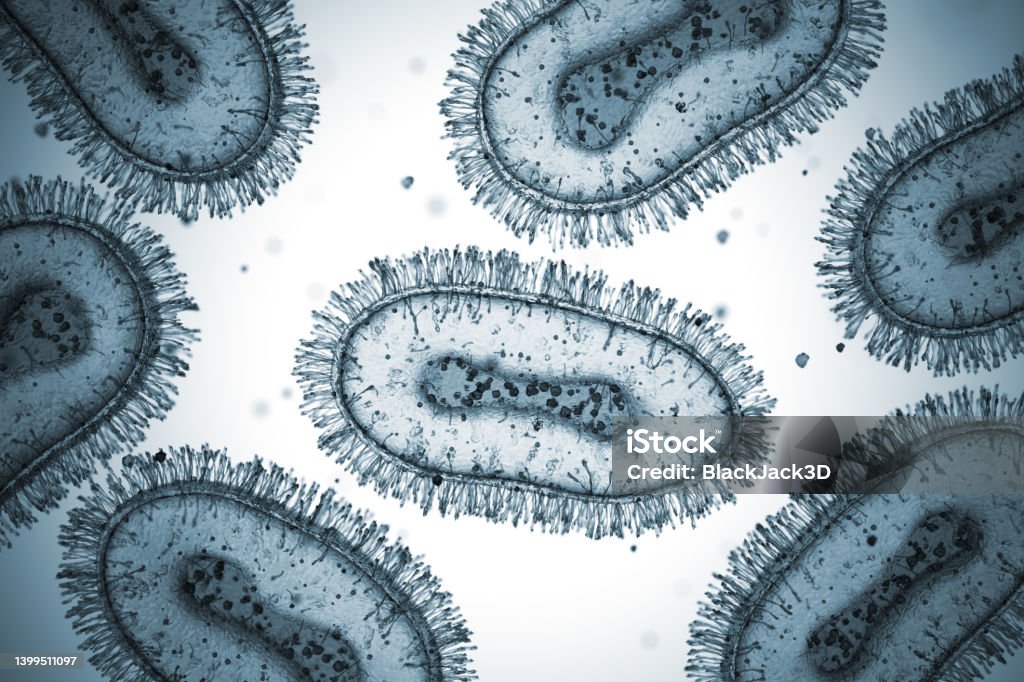Monkey Pox Virus Cells Microscope Slide Monkeypox Virus. 3D Render Mpox Stock Photo
