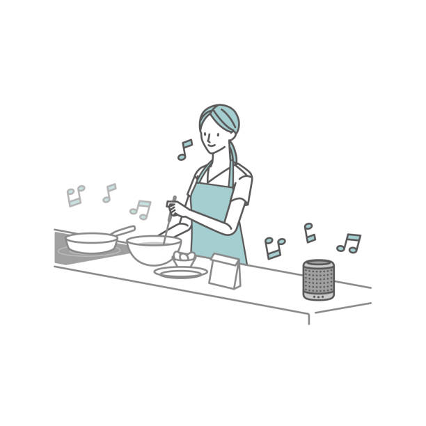 ilustraciones, imágenes clip art, dibujos animados e iconos de stock de una mujer que cocina mientras escucha música en un altavoz inteligente - blue glass illustrations