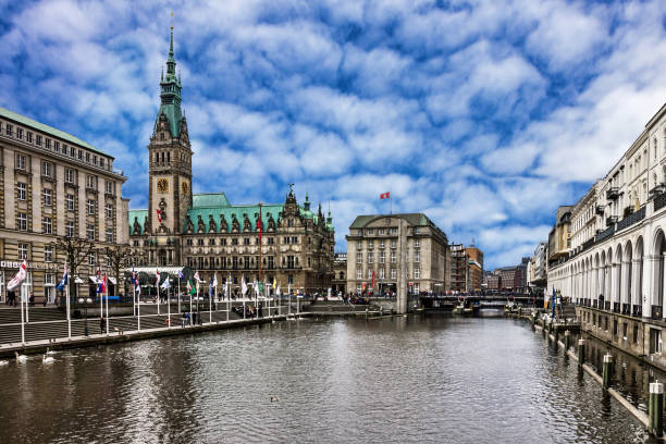 Hamburg, Germany - May 10, 2022: Hamburg town hall and Alster river