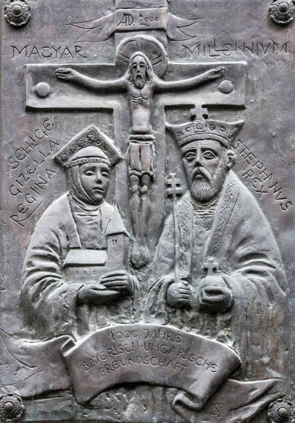 Munich, Germany - May 27, 2022: Icon of Saint King Stephen and Regina on the wall of Munich Cathedral, Germany