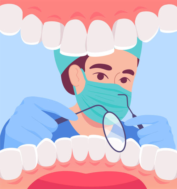 Cartoon dentist in mask looking into open mouth of patient Cartoon dentist in mask looking into open mouth of patient. Inside view of white healthy teeth, medical checkup flat vector illustration. Oral or dental hygiene concept for banner or landing web page dentist stock illustrations