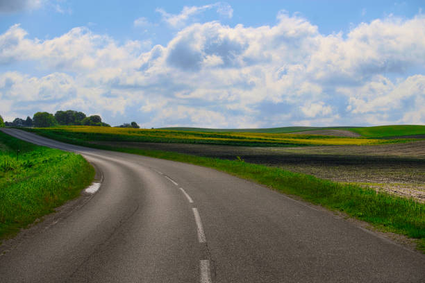 Empty asphalt road through picturesque countryside landscape with beautiful yellow fields under the blue sky with white clouds