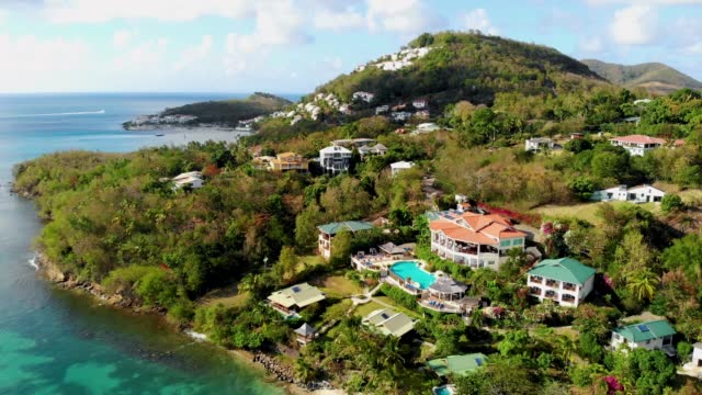 Saint Lucia Castries from above with luxury hotels , St Lucia tropical Island with blue ocean Caribbean