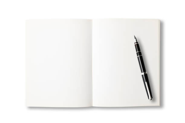 isolated shot of opened blank book with fountain pen on white background - signature isolated fountain pen imagens e fotografias de stock