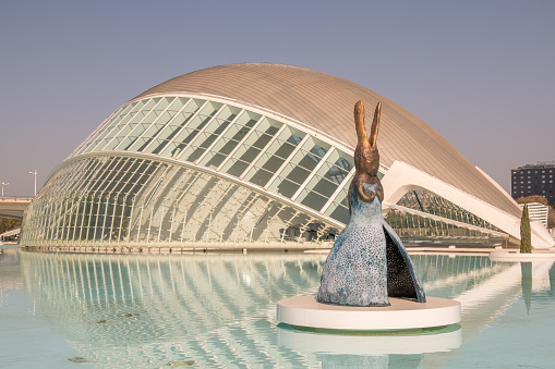 Valencia, Spain - February 13, 2022: The city of the Arts and Sciences and his reflection in the water at daytime