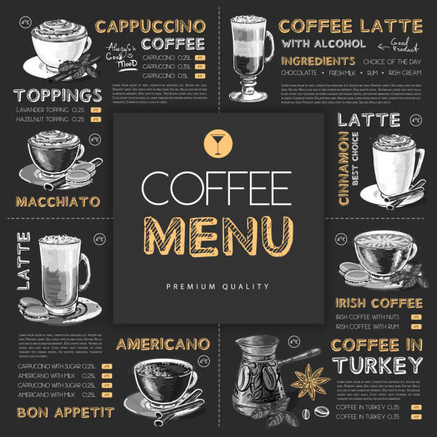 illustrazioni stock, clip art, cartoni animati e icone di tendenza di design del menu del caffè del ristorante con disegno a gesso con elementi di caffè disegnati a mano. illustrazione vettoriale - cappuccino