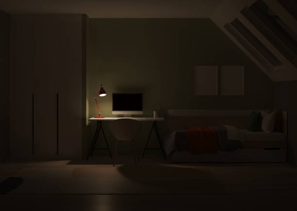 istock Modern teenager room interior with workplace and bed. Night. Evening lighting. 3D rendering. 1399520016