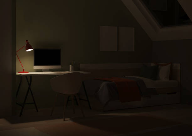 istock Modern teenager room interior with workplace and bed. Night. Evening lighting. 3D rendering. 1399520021