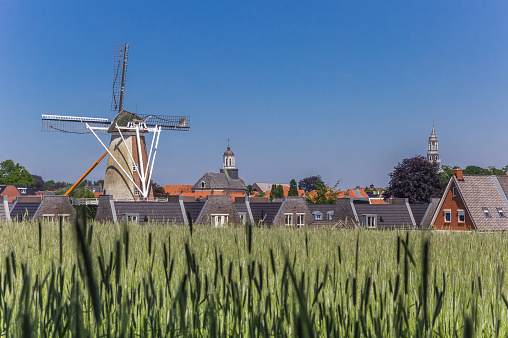 Field of rye in front of historic city Ootmarsum, Netherlands