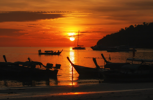 Beautiful sunset view of Lipe islands, Satun, Thailand, peaceful landscape sea view scenic, green-blue ocean, travel and relax place