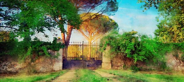 Watercolor painting effect on a photo of a hand forged entrance iron gate to a villa in the town of Solkan, Slovenia at sunset in springtime. Detail of an old stone sorrounding wall with creeper plants and rose bushes around an old villa and its magical private garden with high trees behind old hand forged door. Watercolor effect on a photography.