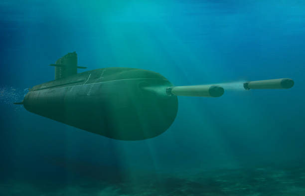 submarine submerge underwater firing torpedoes in the open sea - arsenal 個照片及圖片檔