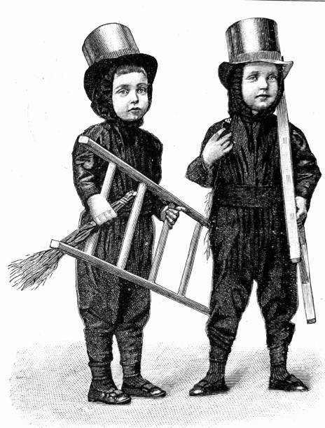 ilustrações, clipart, desenhos animados e ícones de duas crianças disfarçadas de limpadores de chaminés - chimney sweep’s brush
