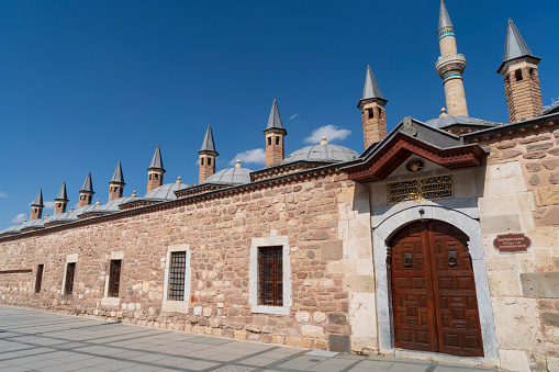 Konya, Turkey- May 13, 2022: Surrounding wall of Mausoleum of Jalal al-Din al-Rumi in Konya,Turkey