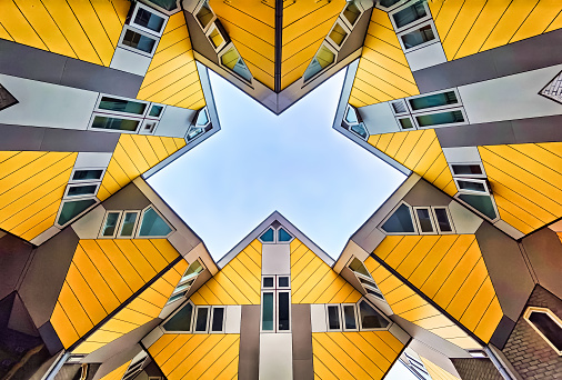 Rotterdam, The Netherlands - April 21, 2022: Cube houses are a set of innovative houses built in Rotterdam and Helmond in the Netherlands, designed by architect Piet Blom and based on the concept of 