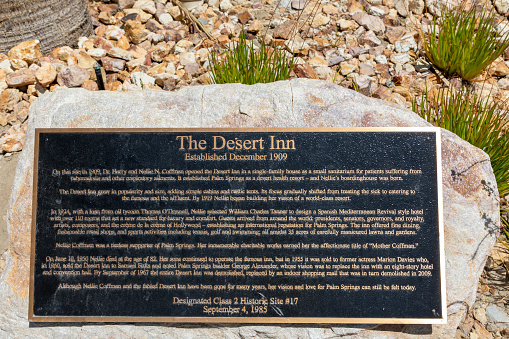 Palm Springs, California, USA - May 05 2022: A historic sign for the Desert Inn. The famed Desert Inn closed its doors in 1955. It was razed in 1967, making way for the Desert Fashion Shopping Plaza.