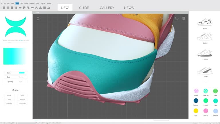 Sneaker 3D Design Editing Software Mock-up Animation with Stylish Shoe Being Generated. Light Grey Interface with Multiple Settings Windows. Template for Computer Displays and Laptop Screens.